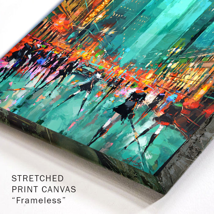 Close-up canvas corner detail highlighting texture, layered paint, and cityscape color transitions