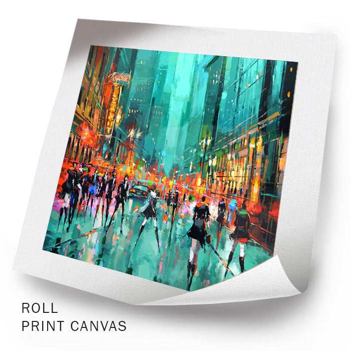 Unframed cityscape canvas artwork showing layered textures, expressive brushwork, and urban movement