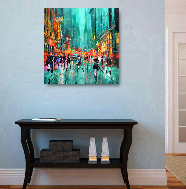Urban cityscape wall art displayed in a modern interior, adding energy and contemporary character