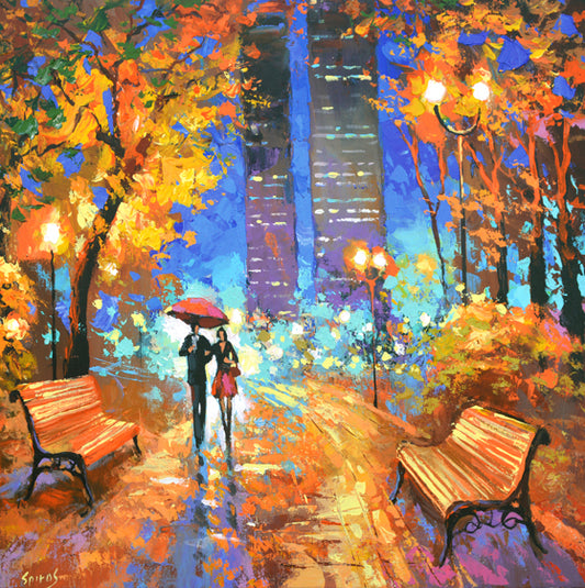 Night city park painting with couple walking under lights