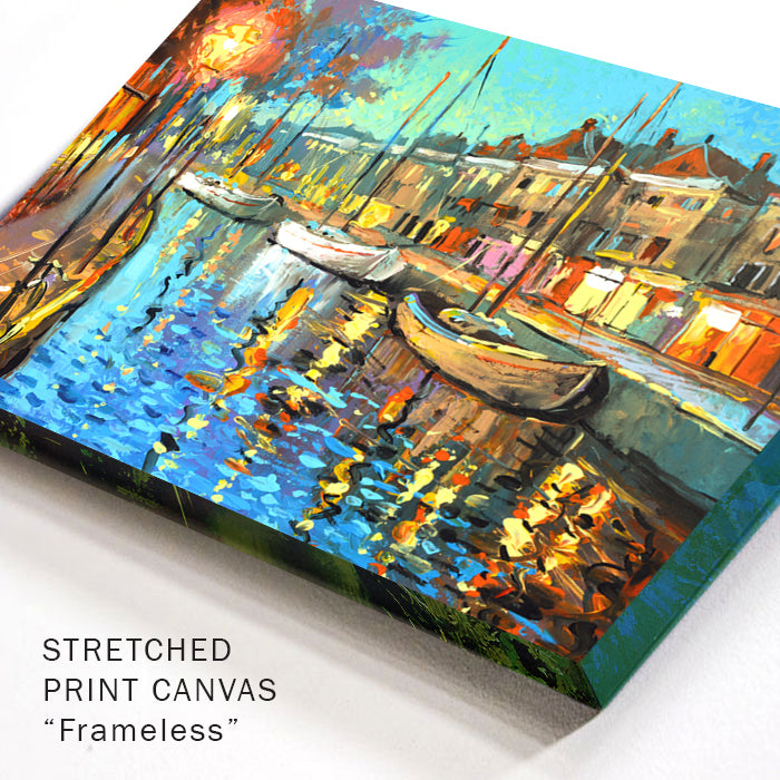 Corner detail of evening canal painting with light reflections
