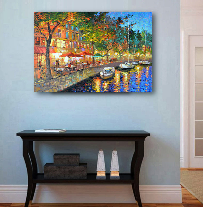 Night cafe on the canal in Amsterdam – original evening cityscape painting by Dmitry Spiros
