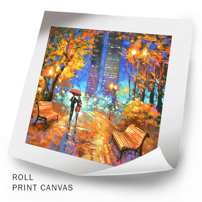 Unframed night city park painting with couple walking