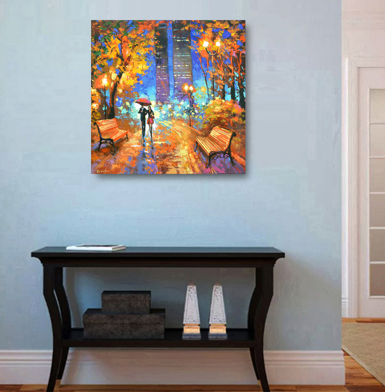 Night city park painting displayed in modern interior
