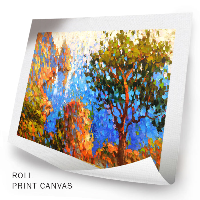 Unframed ocean and mountains painting with trees and blue sea