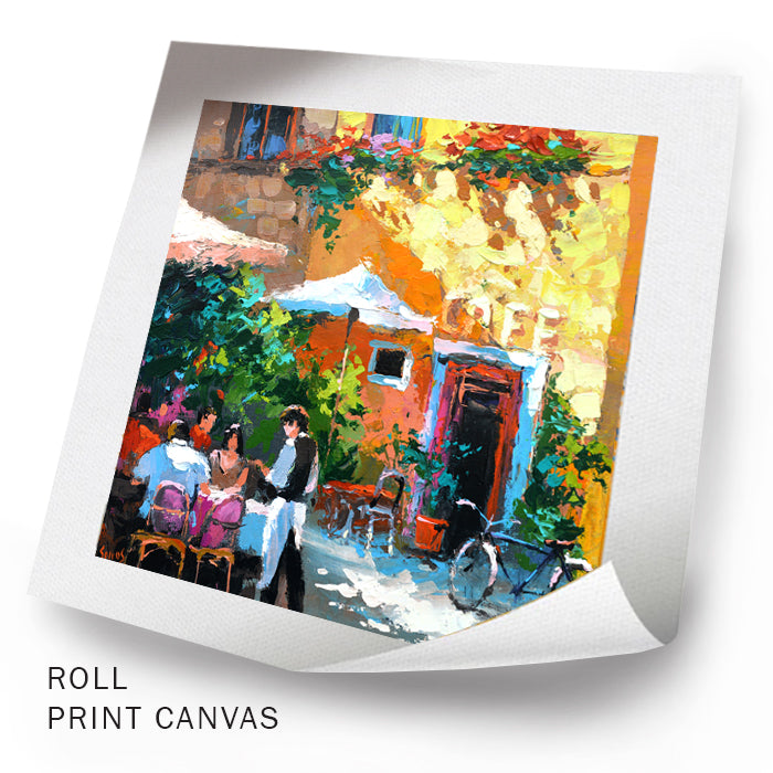 Unframed city painting showing an old tavern street scene