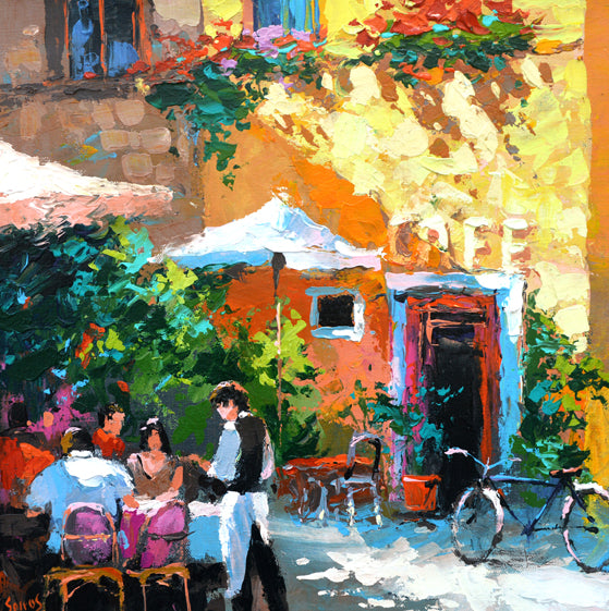 Street painting of an old tavern with warm evening lights