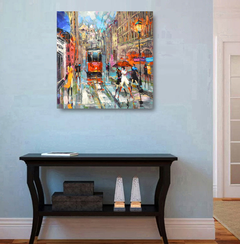 Cityscape rain women with umbrellas painting by Dmitry Spiros