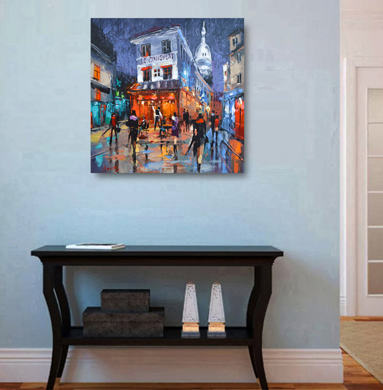 Original Moulin Rouge Paris painting inspired by Montmartre nightlife. Romantic French cityscape artwork with iconic red windmill and evening atmosphere