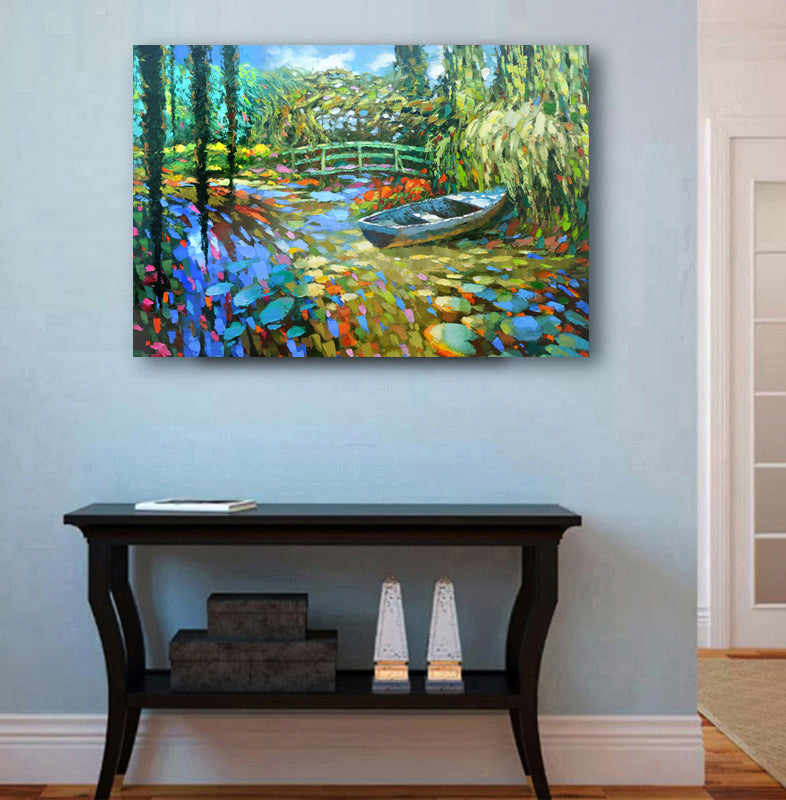 Landscape painting of an overgrown pond surrounded by herbs, lush greenery, soft reflections, and a tranquil natural atmosphere