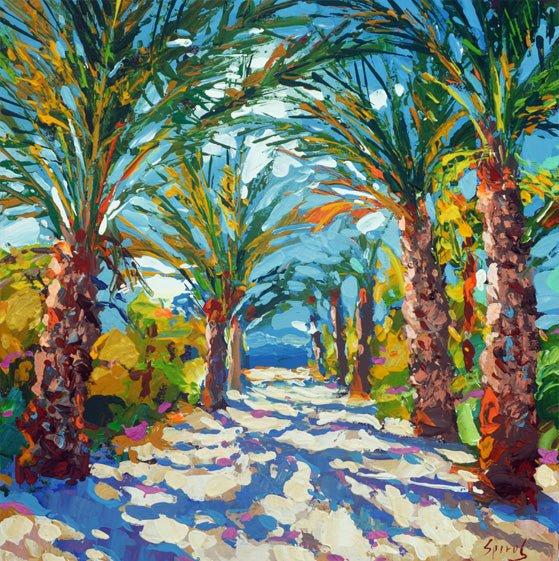 Painting of a sunlit path lined with palm trees leading to the sea, coastal landscape with tropical atmosphere and calm ocean view