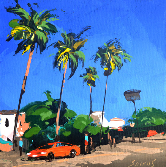 Tropical landscape painting with tall palm trees and open sky