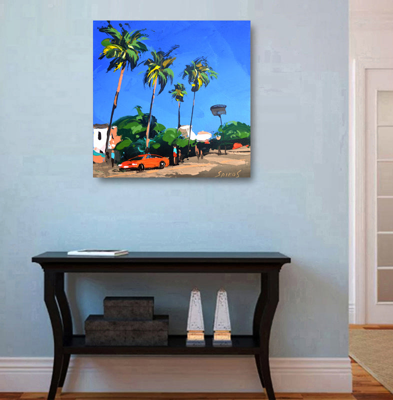 Palm trees landscape painting displayed in modern home interior