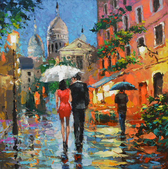 Paris Montmartre street couple under umbrella