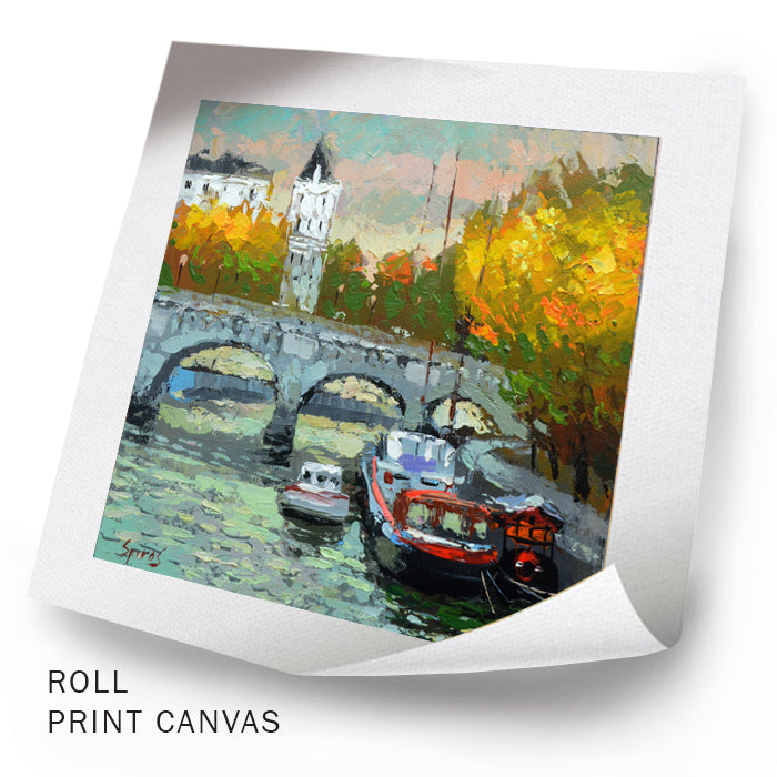 Paris Seine River Romantic French Cityscape painting inspired by Parisian day. Romantic French cityscape artwork with iconic red windmill and evening atmosphe