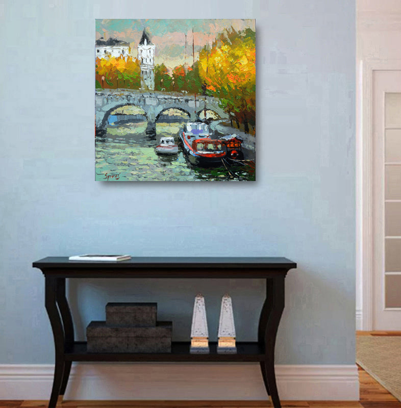 Paris Seine River Romantic French Cityscape painting inspired by Parisian day. Romantic French cityscape artwork with iconic red windmill and evening atmosphe
