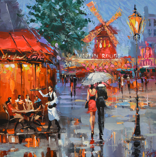 Paris evening street painting with city lights, people walking, cafés and romantic atmosphere
