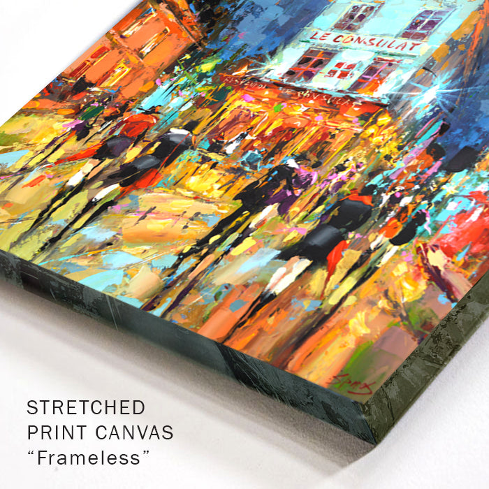 Close-up canvas corner detail highlighting layered paint, texture, and warm night light reflections