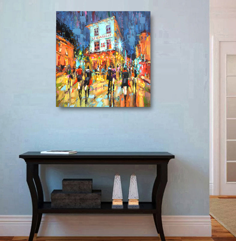Paris night cityscape wall art displayed in a modern interior, adding warmth and romantic urban ambiance
