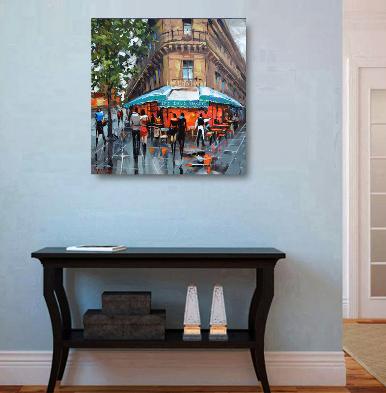 Moulin Rouge Paris painting with iconic red windmill in Montmartre at night