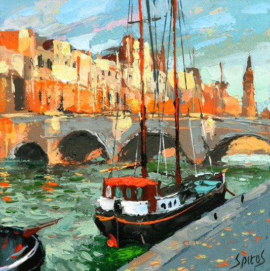 Paris river cityscape painting with people walking, bridges, and city lights