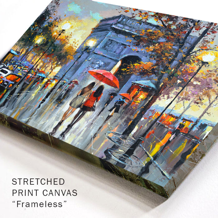 Paris street women under red umbrella at the night painting on canvas