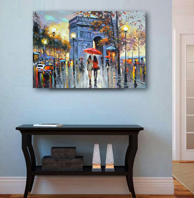Paris street women under red umbrella at the night painting on canvas