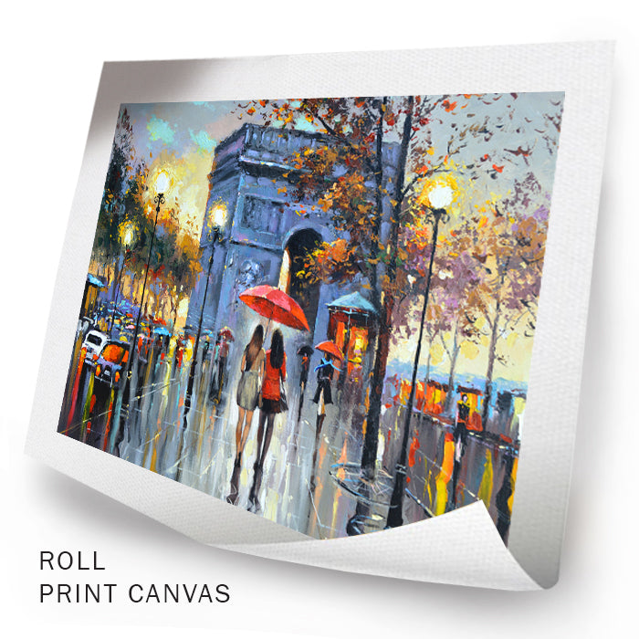 Paris street women under red umbrella at the night painting on canvas