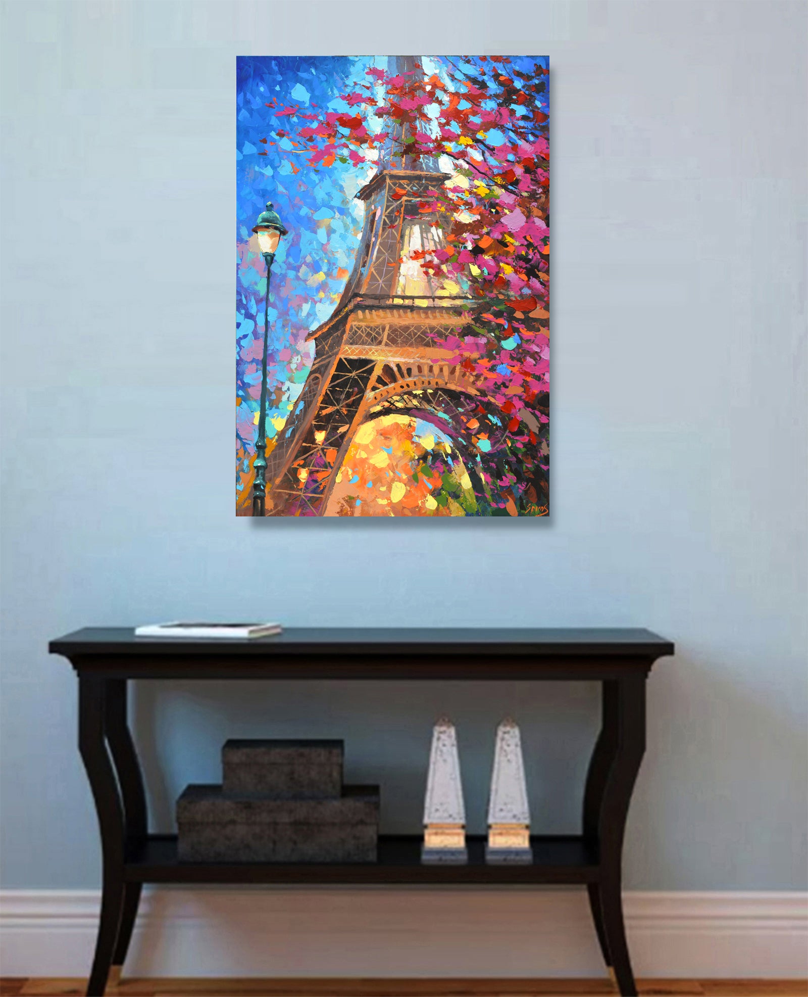 Paris autumn evening painting displayed in home interior