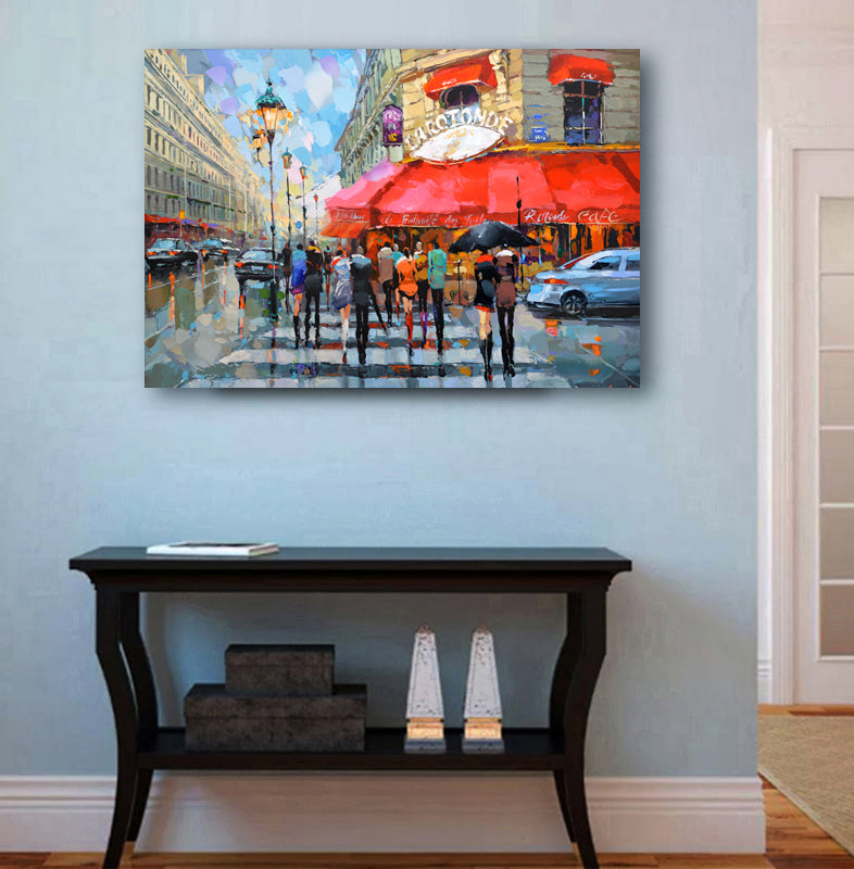 Rolled canvas Parisian cityscape painting inspired by La Rotonde café, suitable for shipping and display