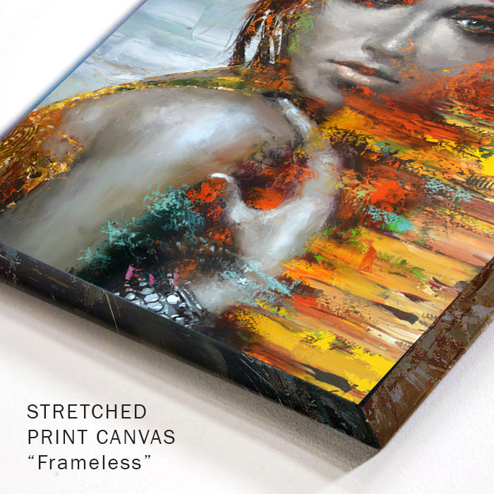 Corner detail of woman portrait painting with brush texture