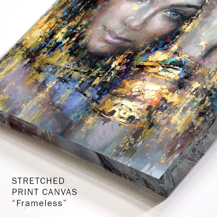 Corner detail of female portrait painting with brush texture