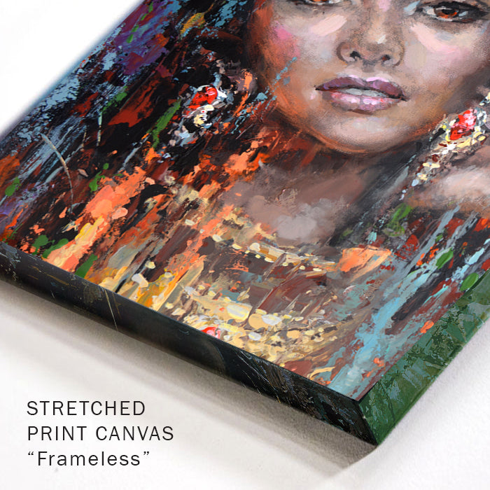 Corner detail of female portrait painting with brush texture