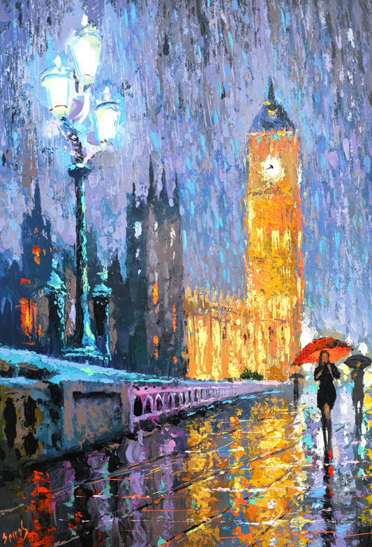 Rainy London city street painting at night with lights