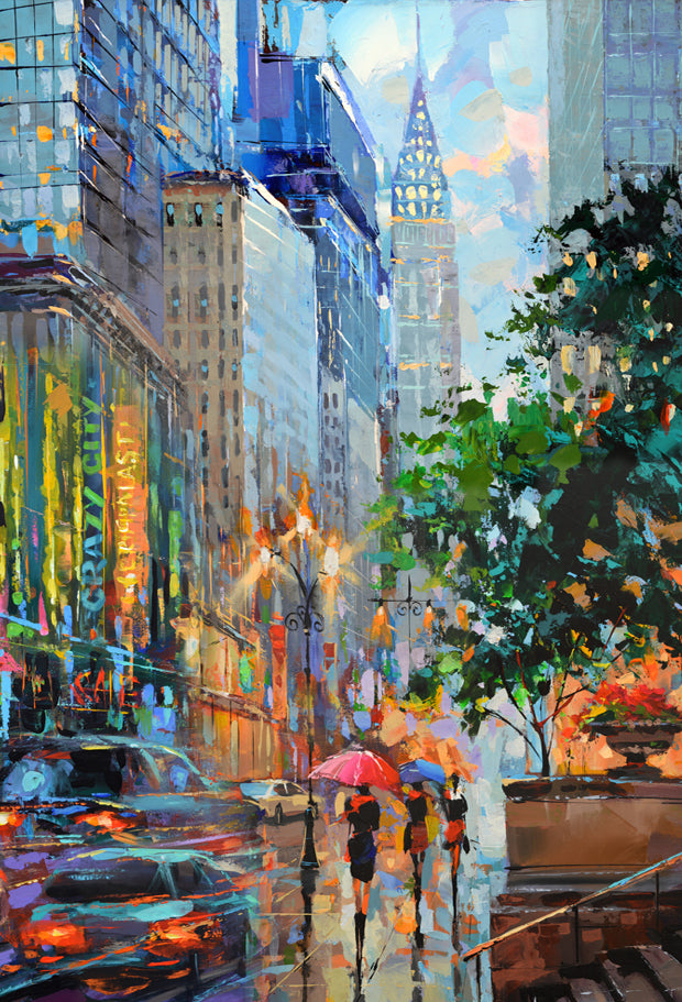 Impressionist painting of a rainy New York City street with pedestrians holding umbrellas, wet reflections on the pavement, tall buildings, and the Chrysler Building in the background.