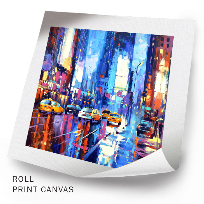 Unframed abstract rainy city night painting with bright colors