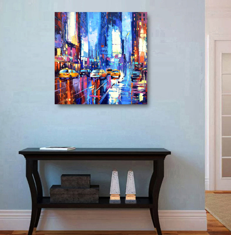 Rainy night city painting displayed in modern interior