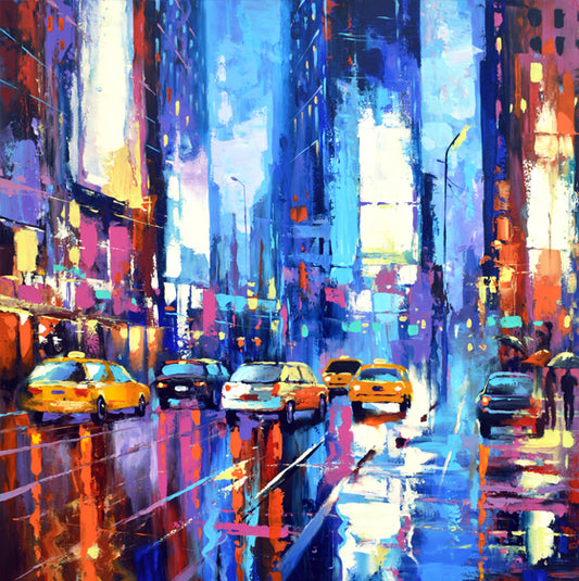 Abstract rainy night city painting with colorful lights and reflections