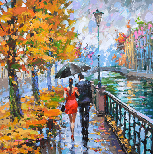 Rainy autumn cityscape painting showing wet streets, reflections, and soft evening light