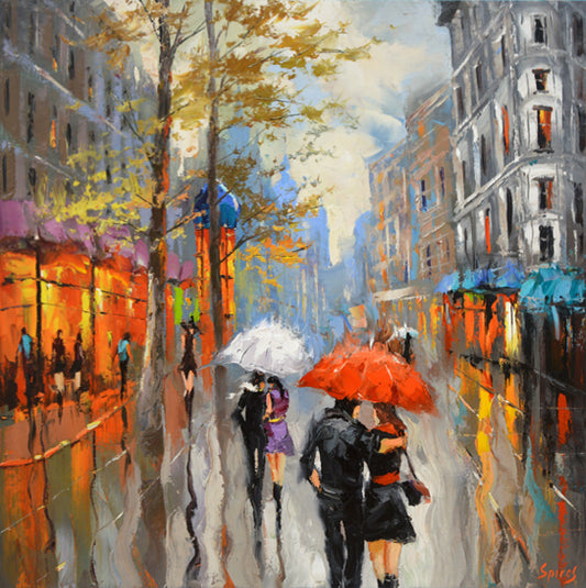 Couple walking under red umbrella on rainy autumn evening street