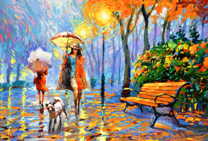 Rainy autumn park painting with golden leaves, trees and fall colors