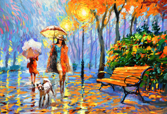 Rainy autumn park painting with golden leaves, trees and fall colors