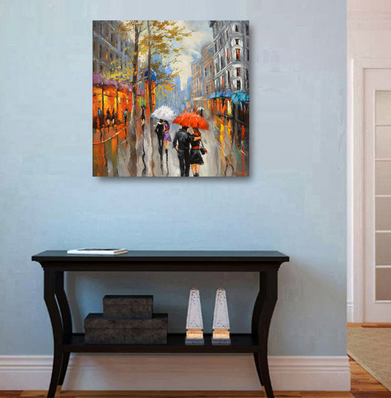 Rainy autumn couple painting displayed in home interior