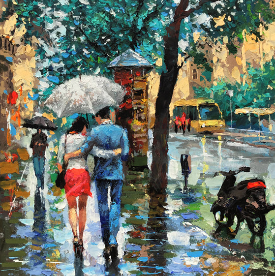 Rainy boulevard painting with couples walking in the evening lights