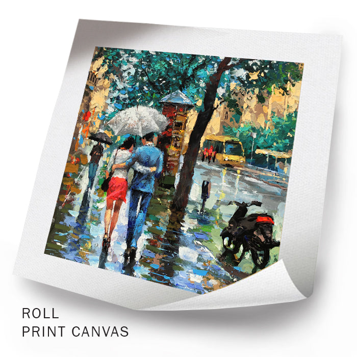 Unframed rainy boulevard painting with couples walking at night