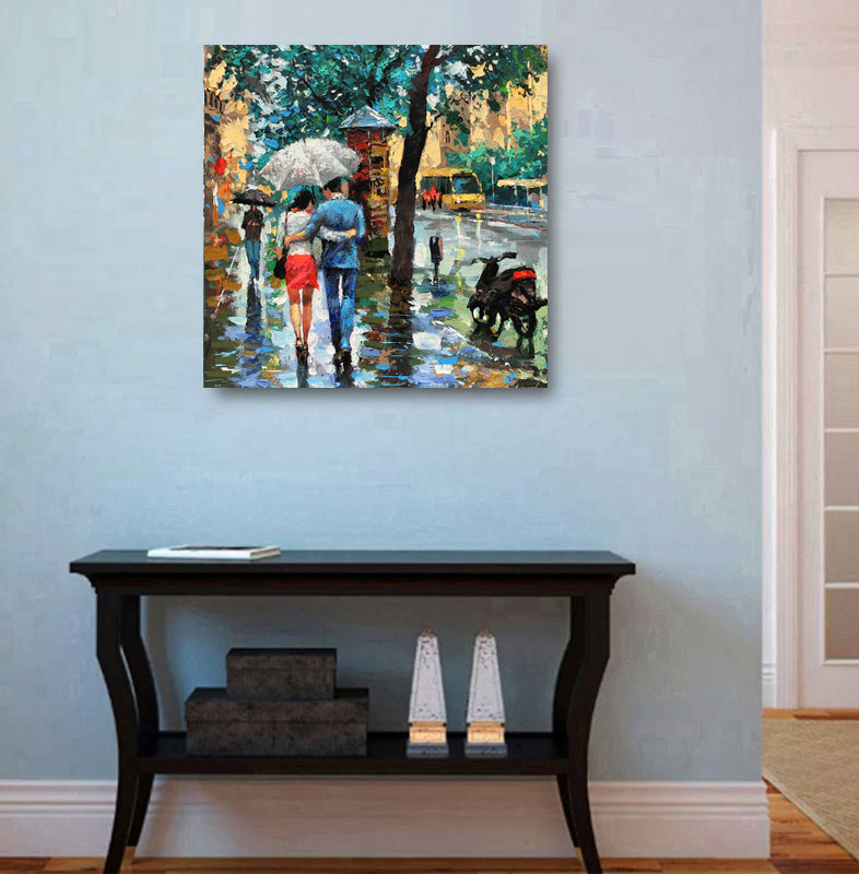 Rainy boulevard couples painting displayed in modern home interior