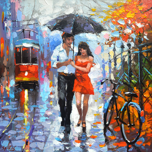 Romantic city painting with couple meeting on a rainy evening