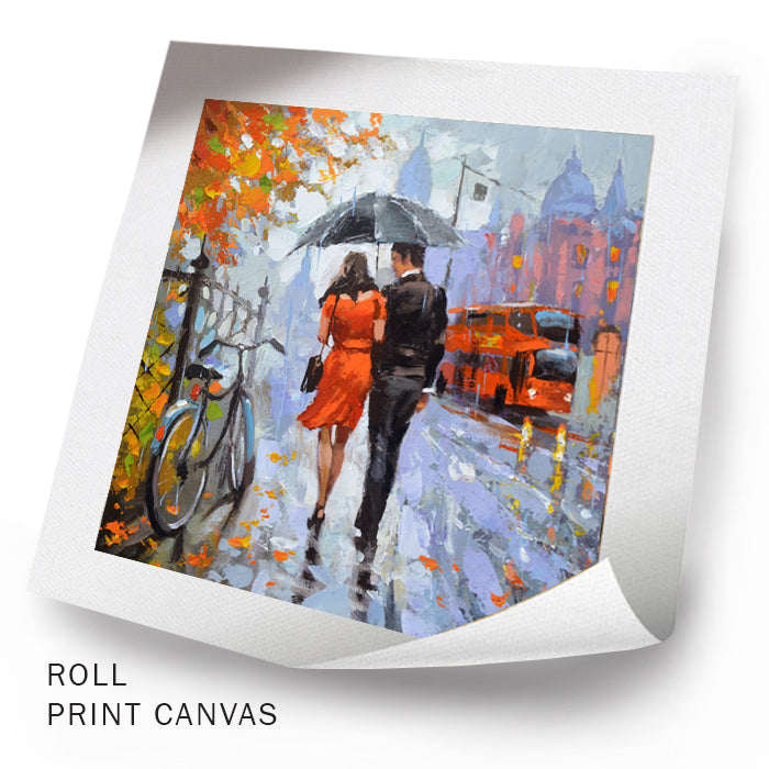 Unframed rainy evening city street painting
