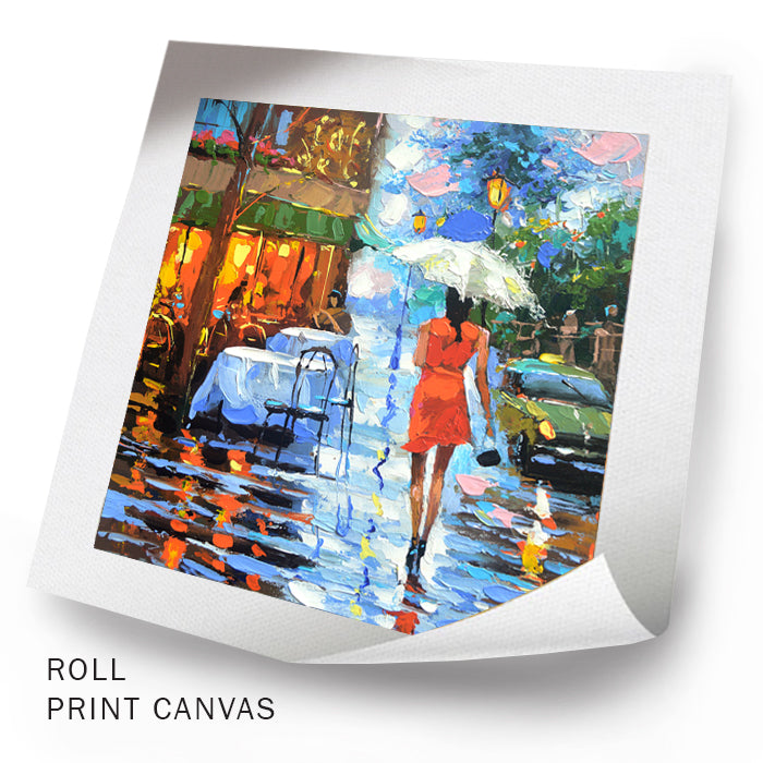 Unframed rainy city painting with romantic couple scene