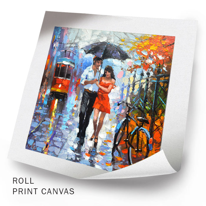 Unframed rainy city painting with romantic couple scene